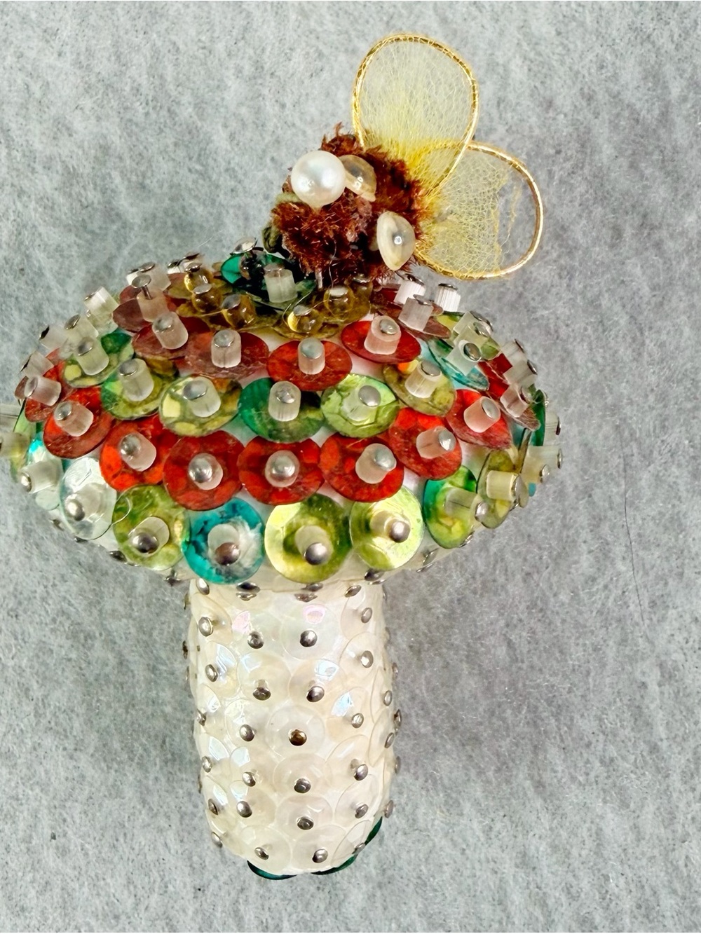 Cottagecore Vintage Walco Beaded Sequin Mushroom and Bee Christmas Ornament Read